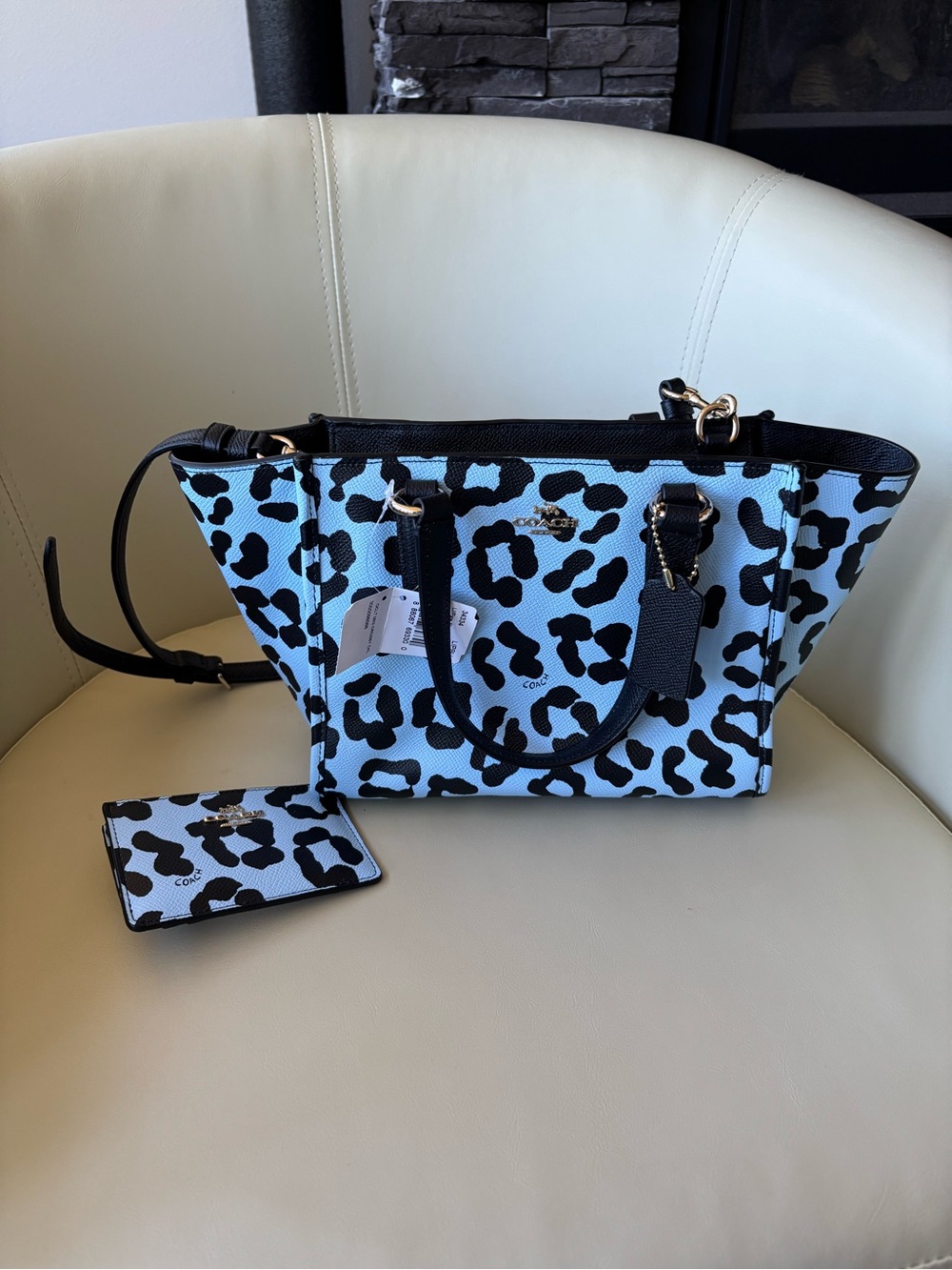 Coach Light Blue and Black Leopard Print Tote with Matching Card Case - Picture 1 of 4